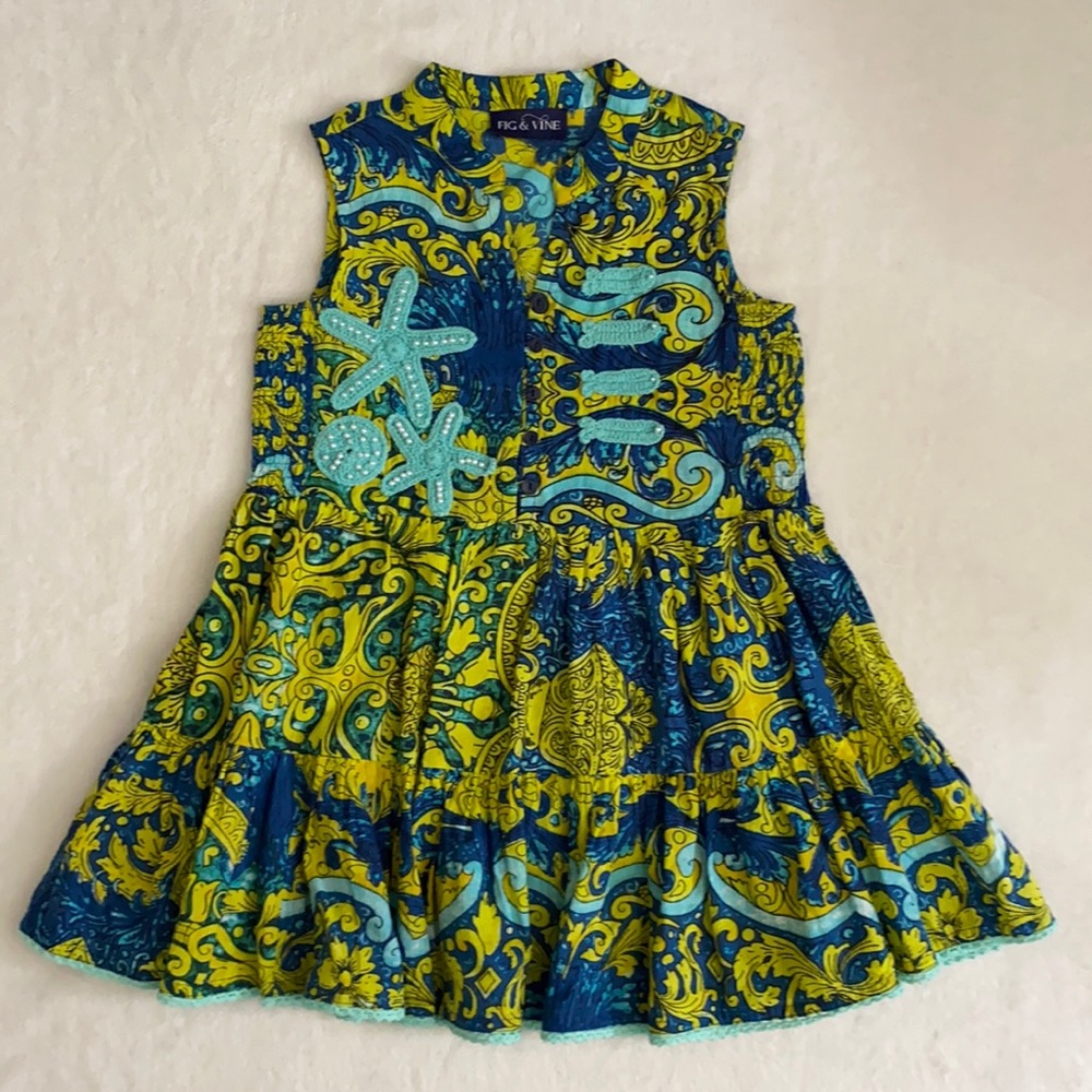 Blue and Yellow Paisley Sleeveless Kids Dress with Starfish Applique